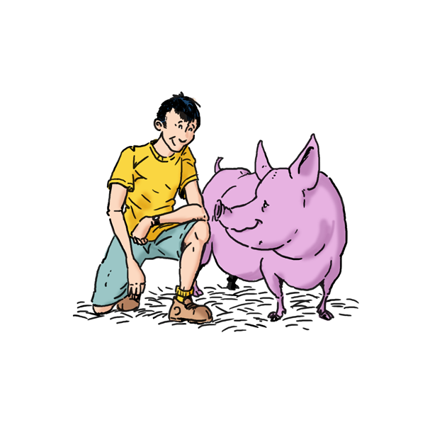 illustration éleveur à genoux à coté d'un cochon